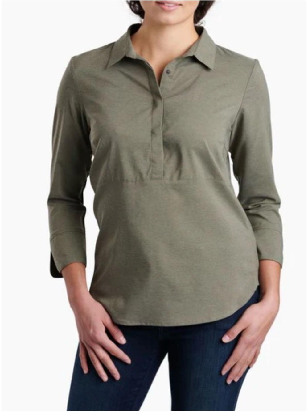 Kuhl Women’s Arriva 3/4 Sleeve Top Olive Green Collared Pullover Medium